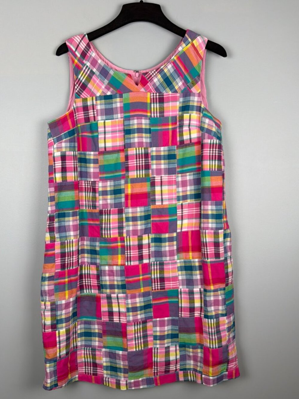 Talbots Dress Women 14 Pink Plaid Patchwork Madras Coastal Preppy Resort Beach